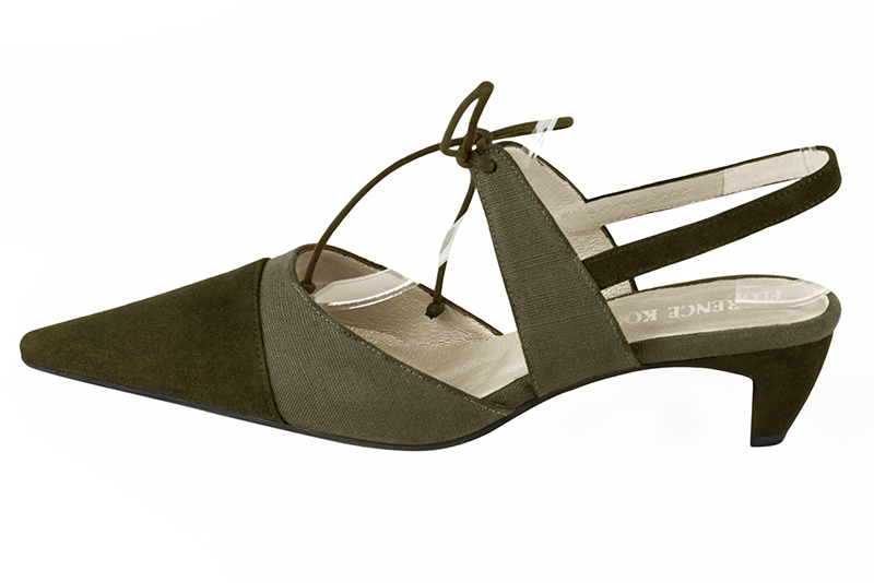 Khaki green women's open back shoes, with an instep strap. Pointed toe. Low comma heels. Profile view - Florence KOOIJMAN